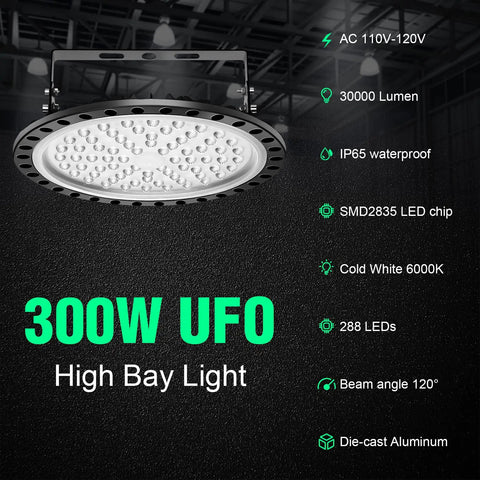 300W UFO LED High Bay Light For Warehouse And Workshop Lighting, 30,000 Lumens, 6500K Daylight White, IP65 Waterproof Bay Fixture For Garage Barn Wet Location, Durable LED Light 5-Pack showing technical specifications