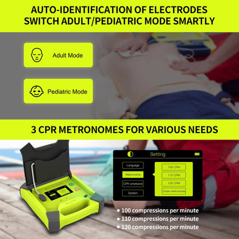 AED trainer kit XFT-120G, lime-green defibrillator training device with adult/pediatric modes