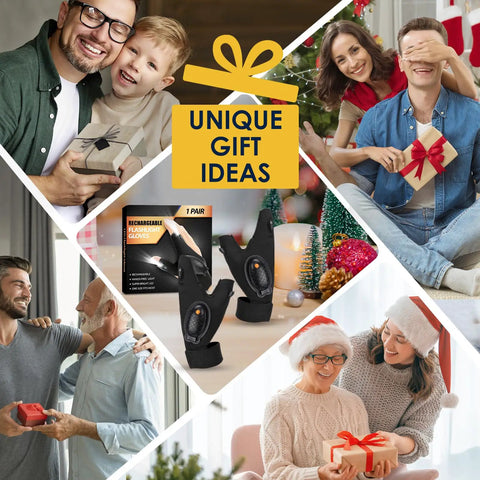 Collage of Rechargeable LED Flashlight Gloves For Men And DIY Crew as a gift highlighting family moments with presents.