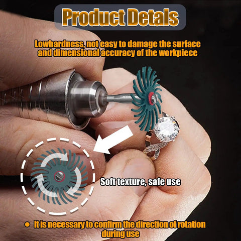 Close-up of Pro Grade 42 Piece 1 Inch Radial Bristle Disc Kit With One Eighth Inch Shank For Rotary Tool being used on jewelry