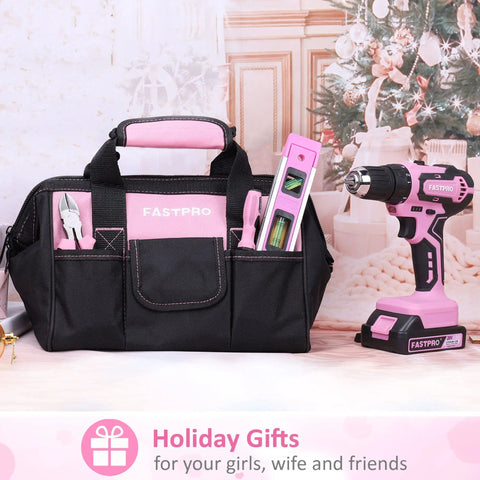 Pink 232-Piece Drill Set With 20V Cordless Drill Driver And Home Tool Kit For Women on table, black and pink bag, tools visible