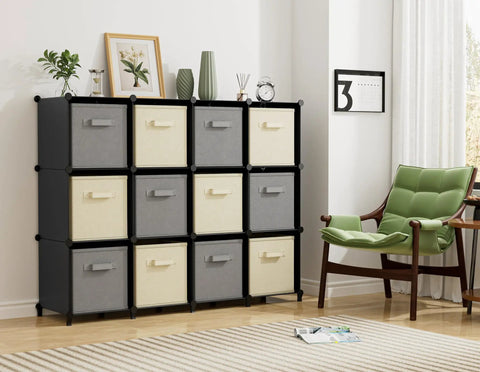12 Cube Storage Organizer Closet System For Home And Kids Room Portable Clothes Shelves For Bedroom Bathroom Office Durable Metal Frame With ABS Connectors Sturdy Easy Setup Black shown in a living room setting
