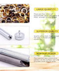 Image of 240 sets Grommet Eyelets in silver, gold, gunmetal, bronze with install tools, showing large quantity, quality, non-slip design.
