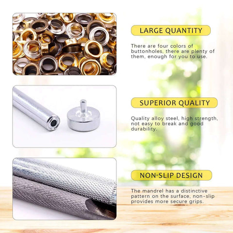 Image of 240 sets Grommet Eyelets in silver, gold, gunmetal, bronze with install tools, showing large quantity, quality, non-slip design.