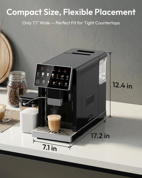 Smooth Morning Shots With This Fully Automatic Espresso Machine Featuring Built In Grinder Milk Frother Touch Screen Display Auto Self Clean 15 Settings 20 Bar Pressure Brews Daily Grinds compact design on countertop with cup of coffee.