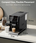 Fully Automatic Espresso Machine With Built In Grinder And Integrated Milk Frother, compact size 7.1 in wide, fits tight countertops.