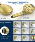 Brushed Gold Tub And Shower Faucet Set With Waterfall Spout Wall Mount Shower System Includes 5 Inch Shower Head And 9 Setting Handheld Sprayer Valve Included Easy Install Modern Bath Upgrade showing handheld sprayer and spray patterns.