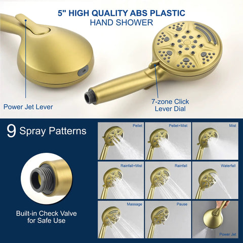 Brushed Gold Tub And Shower Faucet Set With Waterfall Spout Wall Mount Shower System Includes 5 Inch Shower Head And 9 Setting Handheld Sprayer Valve Included Easy Install Modern Bath Upgrade showing handheld sprayer and spray patterns.
