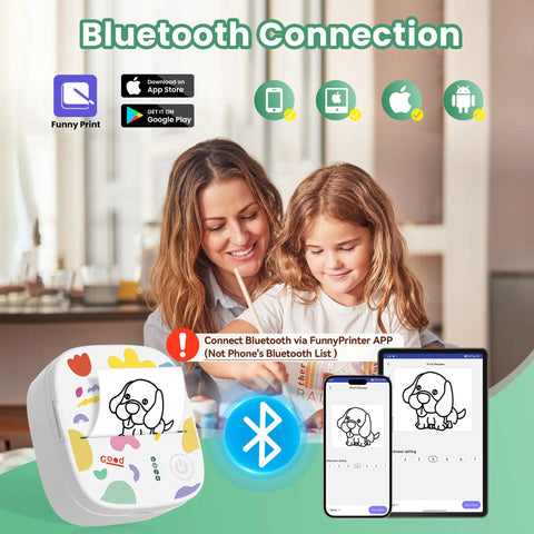 Portable Mini Sticker Printer With Bluetooth Inkless Thermal Technology shown with app interface and used by child and adult