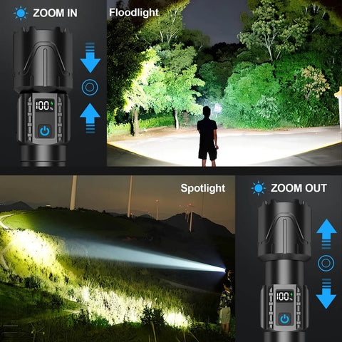 Beast Bright Rechargeable Tactical Flashlight 2000 Lumens in floodlight and spotlight modes with zoom feature displayed
