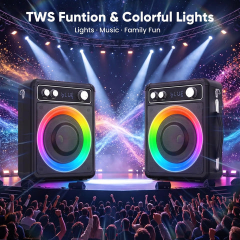 All In One Karaoke System With Two Wireless Microphones Portable Bluetooth Speaker with colorful lights on stage