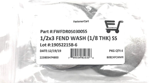 Stainless steel fender washers, 1/2 in ID x 3 in OD, 1/8 in thick, 4 pcs (Amazon) front view