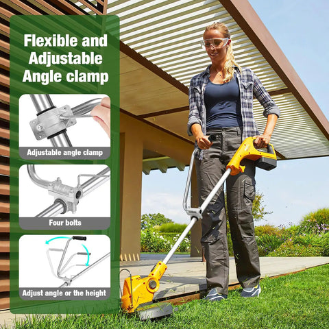 Woman using Ergonomic Weedeater Handle Extension Back Saver Trimmer Grip For Lawn Care And Landscaping Comfort Durable Weedeater Handle