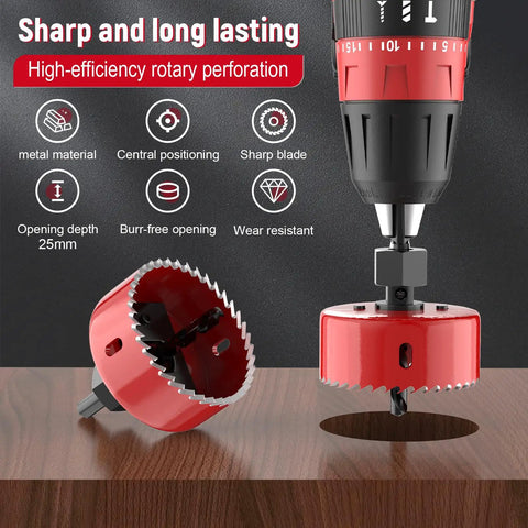 Eight Size Hole Saw Kit In A Durable Case With Arbors Drill Bits And Hex Key For Soft Wood Plywood PVC And Plastic, sharp blade with circular saw cutting wood surface.