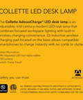 Collette LED desk lamp features and description on a yellow background showcasing wireless charging capabilities.
