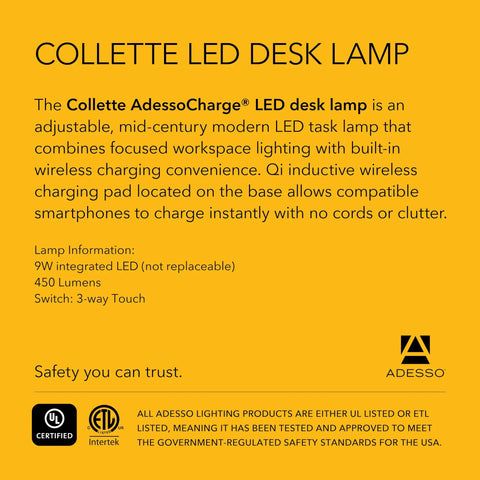 Collette LED desk lamp features and description on a yellow background showcasing wireless charging capabilities.