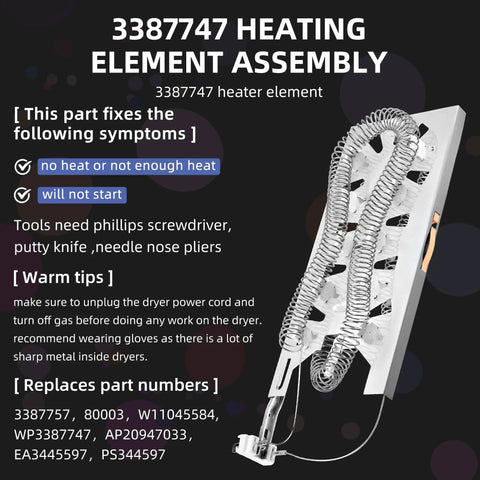 Upgraded 3387747 Dryer Heating Element Replacement For Whirlpool Kenmore Maytag Cabrio Duet Bravos XL and others, visible in box