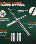 Heavy Duty 25 Inch Extended Lug Wrench Set With 4 Way Tire Iron And Half Inch Drive Includes 17mm 19mm 21mm And 23mm Sockets Lug Nut Remover Labor Saving Cross Tool All In A Durable Blow Molded Storage Case showing cross shaped wrench with details