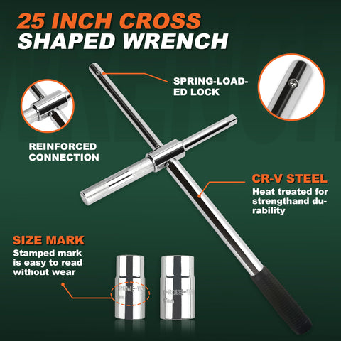 Heavy Duty 25 Inch Extended Lug Wrench Set With 4 Way Tire Iron And Half Inch Drive Includes 17mm 19mm 21mm And 23mm Sockets Lug Nut Remover Labor Saving Cross Tool All In A Durable Blow Molded Storage Case showing cross shaped wrench with details