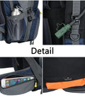 Detail view of 50L Waterproof Hiking Backpack with Rain Cover for Outdoor Adventures showing mesh pocket, hose, and rain cover.