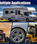 Image showing multiple applications of Heavy Duty 4 Pack 1.98 Inch Grey Rubber Bearing Dust Caps for vehicles like RVs, ATVs, and forklifts.