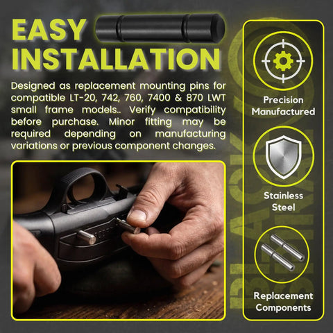 Black Steel Mounting Pins Set For Remington LT-20 LT-20 Special 742 760 7400 870 LWT Small Frame Models Replacement Hardware Two Pack With Rugged Build And Easy Install For Reliable Fit, black steel pins shown installed