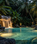 Tropical setting pool with Submersible LED Pond Light Low Voltage Underwater Landscape Lighting For Ponds, Fountains, Pools And Water Gardens