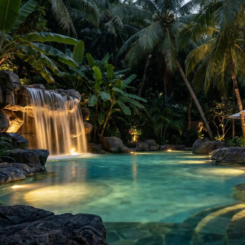 Tropical setting pool with Submersible LED Pond Light Low Voltage Underwater Landscape Lighting For Ponds, Fountains, Pools And Water Gardens
