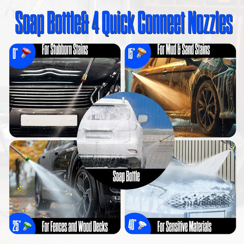 Badass 4800 PSI Electric Pressure Washer with 4 Quick Connect Nozzles and Foam Cannon shown with varied nozzle tips for cleaning.