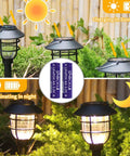 4 Pack AA 3.2V LiFePo4 650mAh Solar Rechargeable Batteries for garden lights, showing charging in sunlight and illumination at night