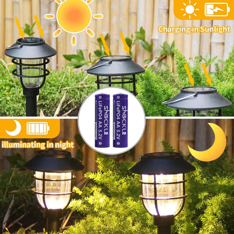 4 Pack AA 3.2V LiFePo4 650mAh Solar Rechargeable Batteries for garden lights, showing charging in sunlight and illumination at night
