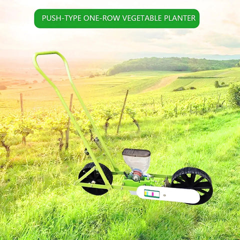 Hand Push Seeder For Precise Seed Planting in field with green handle and adjustable depth gauge