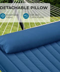 Close-up of navy blue double hammock with detachable pillow, showing breathable fabric and comfort for outdoor use.