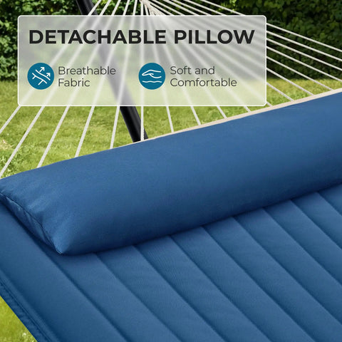 Close-up of navy blue double hammock with detachable pillow, showing breathable fabric and comfort for outdoor use.