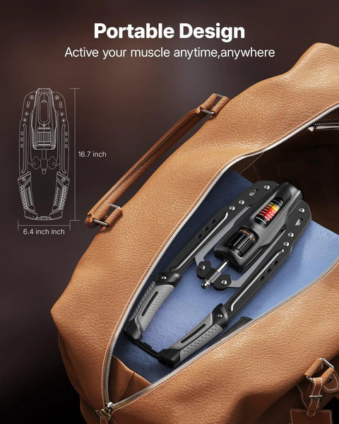 Merach Twister Arm Trainer Hydraulic Strengthener for Forearm and Arms inside a brown bag, showcasing portable design and dimensions.