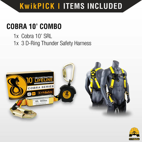 Cobra 10 Ft Self Retracting Lifeline Combo Class 1 SRL Safety Lanyard With No Entanglement, Lightweight Polyester Harness, Rugged