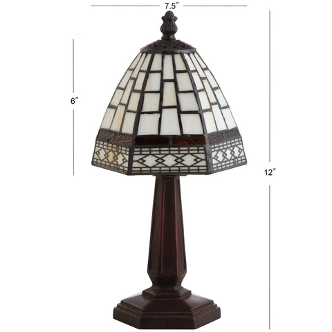 12 Inch Brown Tiffany Style Table Lamp With Ivory Cream Stained Glass Shade, detailed view of geometric pattern
