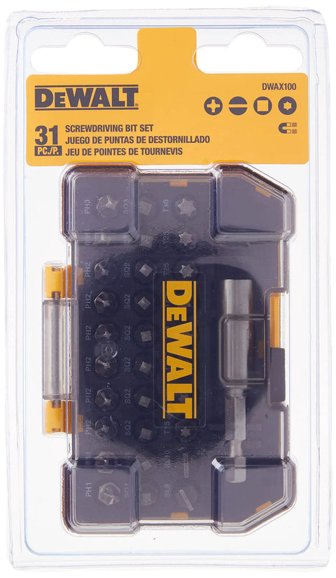 DWAX100 31 Piece Screwdriving Set With Magnetic Bit Tip Holder And Extra Small Tough Case Durable S2 Bits in packaging