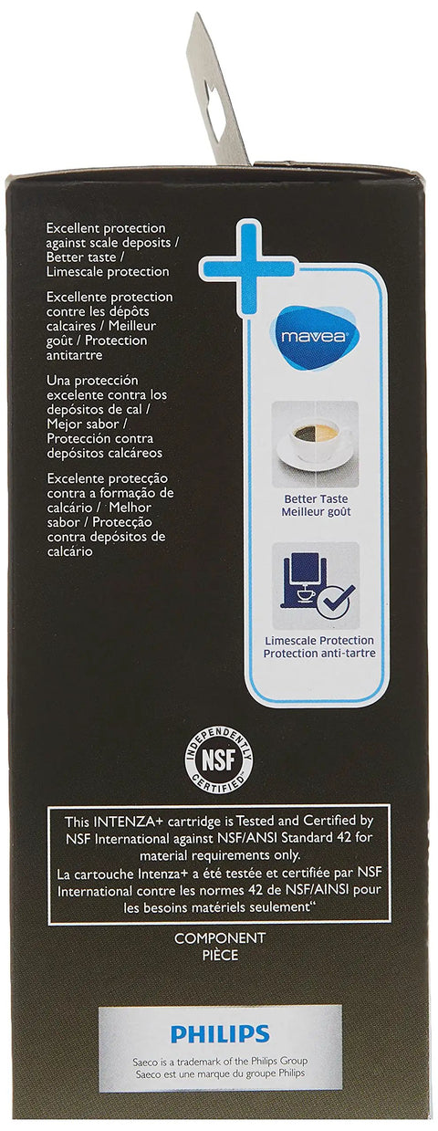 Back view of Intenza Water Filter For Saeco Espresso Machines CA6702/00 box showing features and certifications