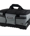 18 Inch FlatTop Weather Resistant Tool Bag With All Terrain Bottom And Weatherproof Front Pocket 12 Interior Pockets Removable Padded Shoulder Strap Gray Assembled In The USA, shown at an angle displaying the front and side pockets.