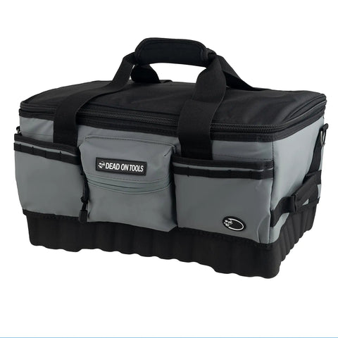 18 Inch FlatTop Weather Resistant Tool Bag With All Terrain Bottom And Weatherproof Front Pocket 12 Interior Pockets Removable Padded Shoulder Strap Gray Assembled In The USA, shown at an angle displaying the front and side pockets.