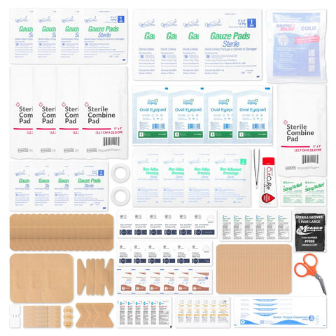 MFASCO First Aid Kit Refill Pack; 180+ items for small/medium kits including gauze, bandages, dressings, antiseptics