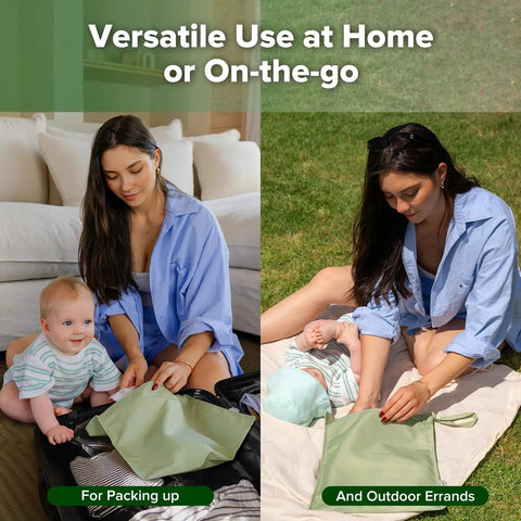 Woman packing Waterproof Wet Bag Set For Baby On The Go with baby at home and outdoors, grass green