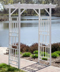 Vinyl Garden Archway For Outdoors, 72 By 85 Inches, White With Lattice Design And Trellis Sides by lakeside path