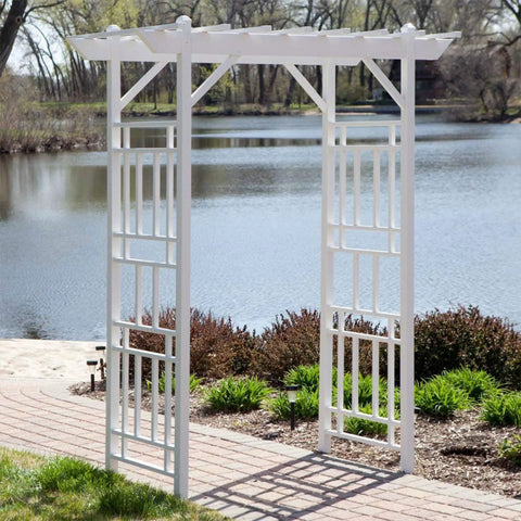 Vinyl Garden Archway For Outdoors, 72 By 85 Inches, White With Lattice Design And Trellis Sides by lakeside path