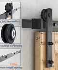 10Ft Barn Door Hardware Kit for 60 Inch Wide Doors with I shape hangers, showing nylon pulleys and raw steel rail, 220lbs capacity