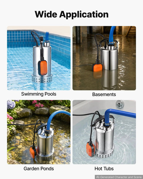 Hardcore Submersible Sump Pump With Smart Auto Float Switch One Horsepower Motor Blasts 4400 Gallons Per Hour in various applications.