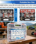 All In One 270 Piece Hitch Pin Kit With 31 Sizes For Trailers And Farm Equipment Includes Square PTO Pins Lynch Pins Cotter Pins Hairpins For Lawn Mowers Snow Plows And Three Point Attachments in a portable labeled toolbox