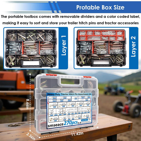 All In One 270 Piece Hitch Pin Kit With 31 Sizes For Trailers And Farm Equipment Includes Square PTO Pins Lynch Pins Cotter Pins Hairpins For Lawn Mowers Snow Plows And Three Point Attachments in a portable labeled toolbox