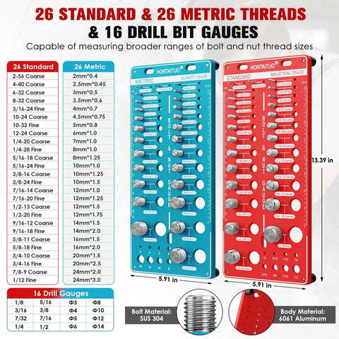 68 In 1 Nut And Bolt Thread Checker Gauge Kit With 52 Size Identifiers All In One Pro Grade Standard And Metric Bolt Gauges Drill Bit Gauge Nut Finder For Quick Bolt Sizing From M2 To M24 And From 2 56 To 1 12 showing size chart and gauges.